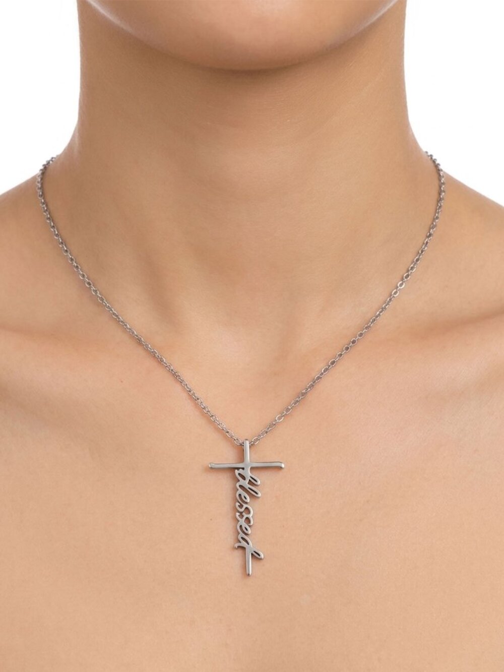 Silver Blessed Script Cross Pendant Necklace Faith Jewelry Christianity
